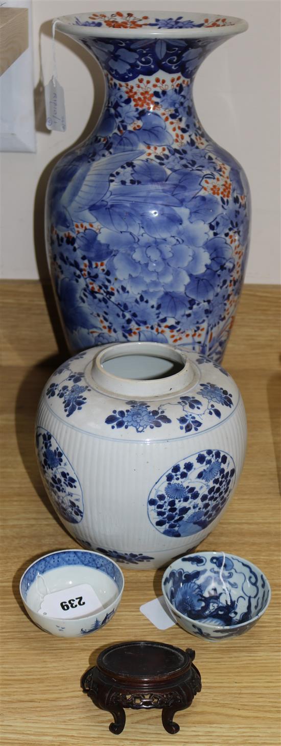 An Imari vase, a 19th century Chinese blue and white ginger jar, a similar dragon tea bowl and a Liverpool? blue and white tea bowl